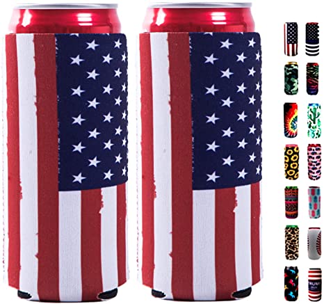 Slim Can Sleeves - Neoprene Bottle Insulator Sleeve Set of 2 Can Beverage Coolers for 12oz Energy Drink & Beer Cans (Flag)