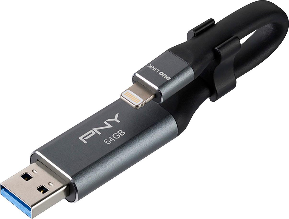 PNY - Duo-Link On-the-Go 64GB USB 3.0, Apple Lightning Flash Drive - Metal gray
