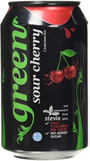 Green Sour Cherry Cans 24 Pack, No Added Sugar Soft Drink, Low Calorie, Sparkling Natural Cherry Flavour - Bulk Pack of 24 Cans x 330 ml