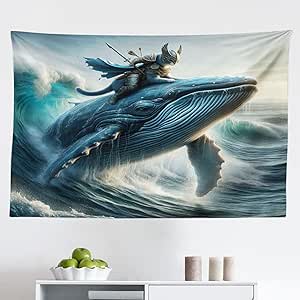 Ambesonne Funny Tapestry, Warrior Cat in Traditional Clothes Riding a Whale Dramatic Ocean Waves, Fabric Wall Hanging Decor for Bedroom Living Room Dorm, 45" X 30", Slate Blue Aqua Blue Grey