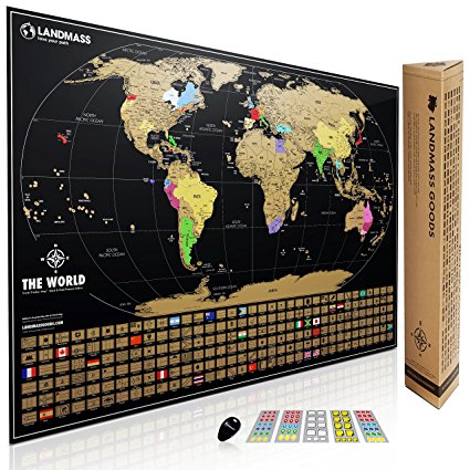 XL Landmass Scratch Off World Map Poster. Extra Large Travel Tracker Map Print w/ Flags, US states outlined. Made in the USA. Clean design and vibrant colors to make your story come to life.