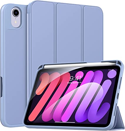 MoKo Case Fit New iPad Mini 6 Case with Pencil Holder (6th Generation 8.3-inch 2021), Soft TPU Back Shell Smart Cover for iPad Mini 6 2021, Auto Wake/Sleep, Lavender Purple