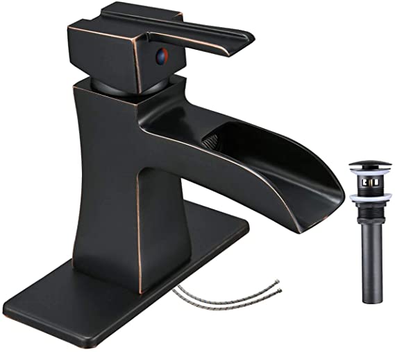 Bathlavish Bathroom Faucet Oil Rubbed Bronze Black Antique Waterfall Single Hole with Pop Up Drain Lavatory Modern Sink Basin Faucets One Handle Mixer Tap with Overflow Supply Line Lead-Free