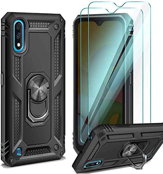 ivencase Samsung Galaxy A01 Case, with Glass Screen Protector [2 Pack], 360 Metal Rotating Ring Kickstand,TPU   Hard PC Bumper Hybrid Duty Armor Protective Cover Case for Samsung Galaxy A01 Black