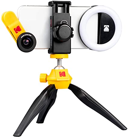 KODAK Smartphone Photography Kit consisting of a 100° Wide-Angle and 15x Macro Lens, a Tripod, a Light Ring for Portraits, and a Protective Travel case - KPK001