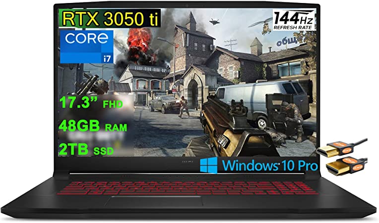 MSI Katana GF76 17 Gaming Laptop 17.3” FHD IPS 144Hz Thin Bezel Display 11th Gen Intel 8-Core i7-11800H 48GB RAM 2TB SSD GeForce RTX 3050 Ti 4GB Backlit USB-C Nahimic Win10Pro Black   HDMI Cable