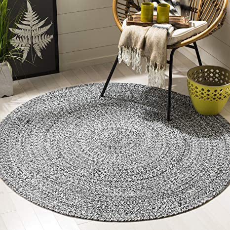 Safavieh BRD256C-5R Braided Collection Ivory and Black Round Area Rug, 5' Diameter,