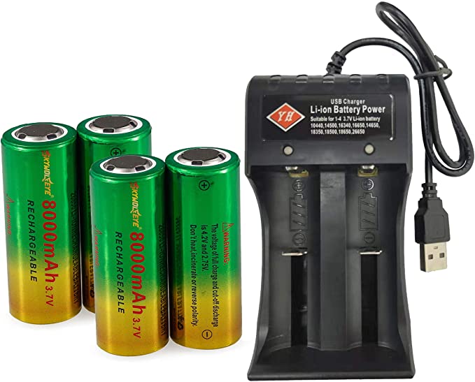 High Power Battery, 4-Pack 3.7 Volt RCR123A 8000mAh 26650 Flat Top Rechargeable Battery for LED Torch, Flashlight and More & 1-Pack 2 Slots USB Universal Smart Battery Charger