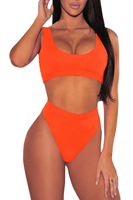 Cutiefox Women's Two Pieces Bikini Sets Low Scoop Crop Top High Waisted Swimsuit