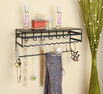 Black 13.5" Wall Mount Jewelry & Accessory Storage Rack Organizer Shelf for Earrings, Bracelets, Necklaces, & Hair Accessories