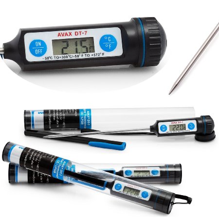 AVAX DT-7 - Digital LCD Food Thermometer Kitchen Cooking Probe for Wine, Food, Meat, Steak, Turkey, BBQ, Yerba Mate, etc. - Temperature range: -50C to 300C / -58F to 572F - (tube packaging and a protective cap included for better protection) - Battery Included