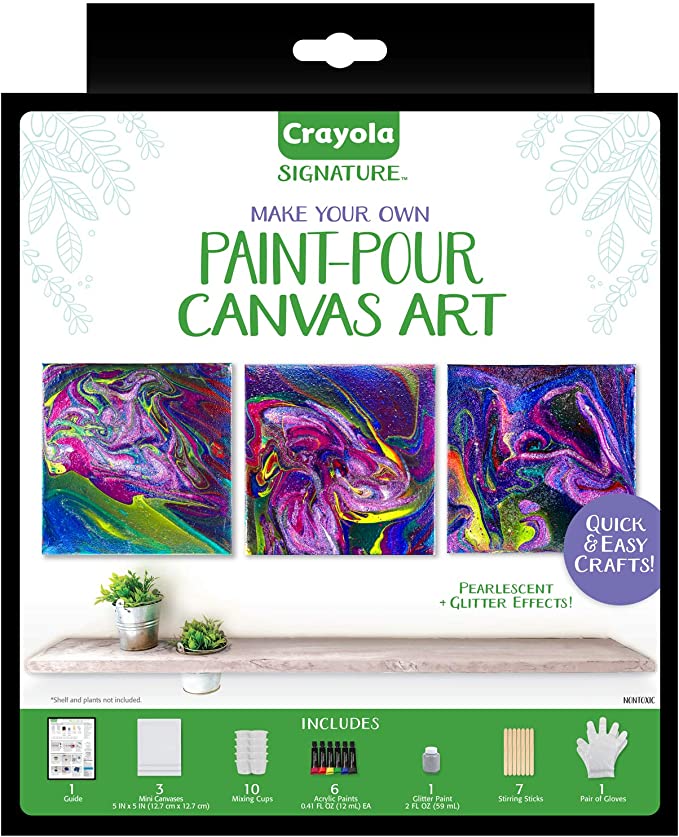 Crayola Siganture Paint-Pour Canvas Art Painting Kit, Marbleizing Mini Canvas, 29 Piece (Pack of 1)