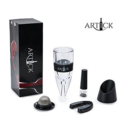 Wine Aerator Pourer Set Incl. Vacuum Bottle Stopper, Dual Blade Foil Cutter, Stand, Filter Comes In Gift Box - FDA Approved - WIne Decanter Accessories Kit - Best Unisex Gifts For Adults - By Artick