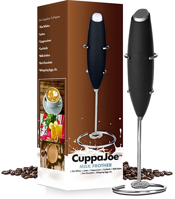 CuppaJoe Plastic Milk Frother Handheld Battery Operated Electric Foam Maker with Stainless Steel Whisk, Stainless Steel Stand Included, Black
