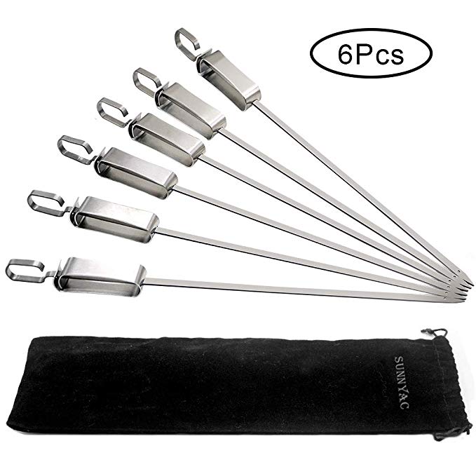 Sunnyac Stainless Steel Barbecue Skewers, Metal BBQ Skewer with Quick Release Slider, Set of 6 Reusable Flat Shish Kabob Sticks for Grilling, and Roasting of Beef, Meat, Chicken, Veggies, Silver (14")