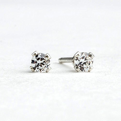 3mm Tiny Crystal Clear Cubic Zirconia CZ Gemstone Stud Earrings in Sterling Silver - April Birthstone