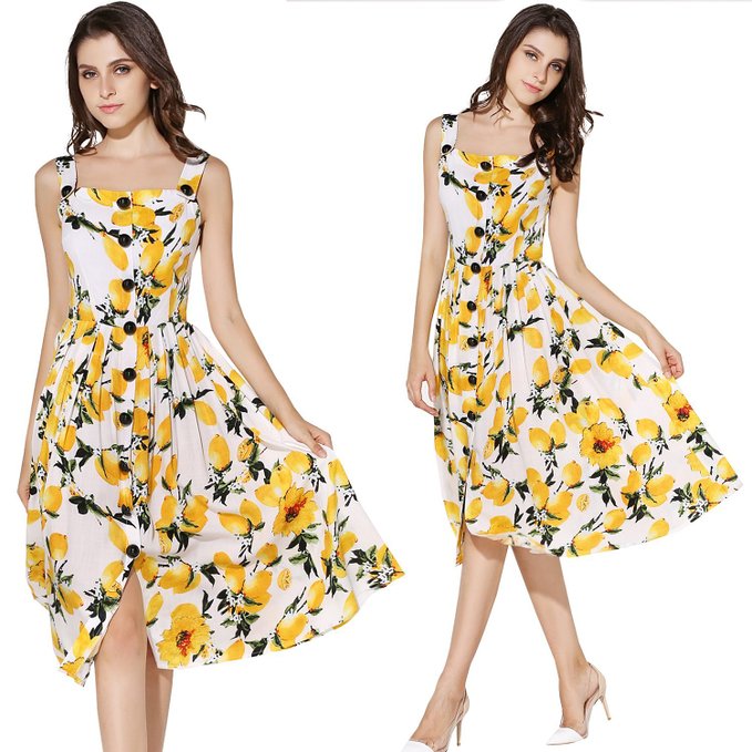 KIMILILY Women's Sleeveless Summer Lemon Printed Party Garden Swing Dresses ¡­