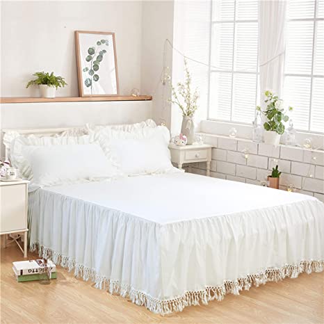 Softta Bed Skirt Twin White Ruffle Tassel Boho Bedding Bohemian Girls 100% Washed Cotton