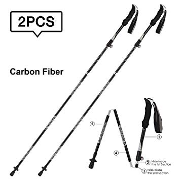 Carbon Trekking Poles, FILWO Hiking Poles Folding Adjustable Mountain Climbing Stick Lightweight Telescopic Straight Handle Aluminum Alloy Anti Shock Non Slip 5 Sections 36cm Collapsible Walking Poles