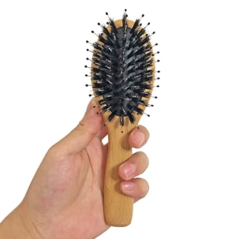 Messen Mini Boar Bristle Hair Brush Natural Beech Wood Handle Cushion Anti-static Massage Detangling-Hairbrush for Pocket/Makeup Bag/Travel/Gift for Kids and Adults (Style 2)