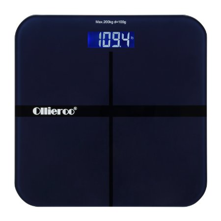 Ollieroo Navy 400lb Precision Digital Body Weight Bathroom Scale with Tempered Glass, Blue LCD Display, Smart Step-on