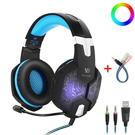 Gaming Headset with Mic for PC,KOTION EACH G1000 One Key Mute Sound Clarity Over-Ear Noise Isolation Gaming Headphones Colors Breathing LED with Volume Control Y Adapter for PS4,Xbox One,Laptop,Blue