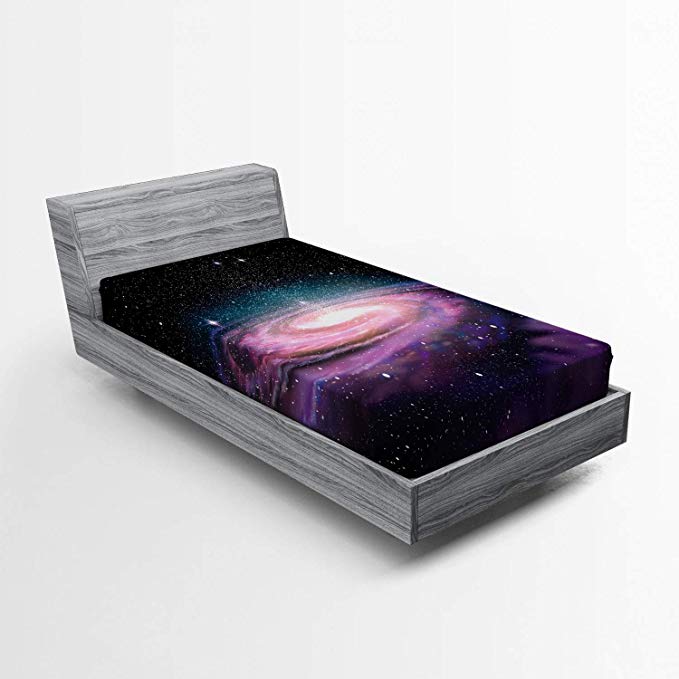 Ambesonne Galaxy Fitted Sheet, Spiral Galaxy in Outer Space Andromeda Nebula Star Dust Universe Astronomy Print, Soft Decorative Fabric Bedding All-Round Elastic Pocket, Twin Size, Black Mauve