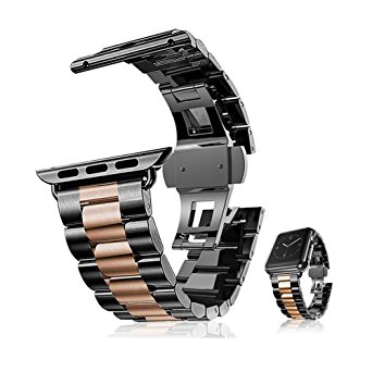 Mojidecor 38mm Band Replacement Black Rose Gold Stainless Steel Strap Wristband with Butterfly Buckle and Adapters for iWatch Apple Watch Series 1 Series 2