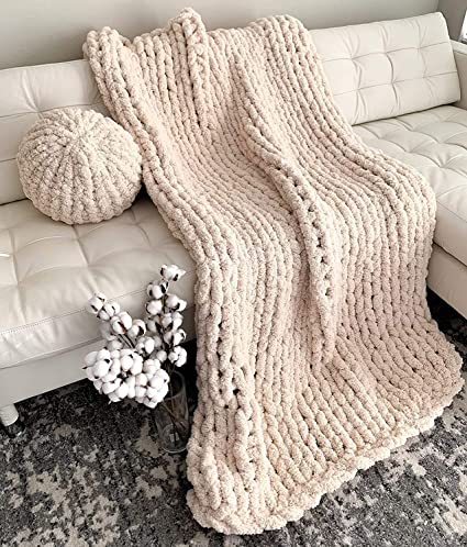 Chunky Knit Blanket Chenille Throw Warm Soft Giant Handmade Gift for Sofa Bed Home Decor Luxury Beige 40"×40"