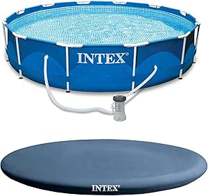 Intex 12 Foot x 30 Inch Round Metal Frame Above Ground Outdoor Swimming Pool Set with Filter Pump and Easy Set Round Vinyl Pool Cover, Blue