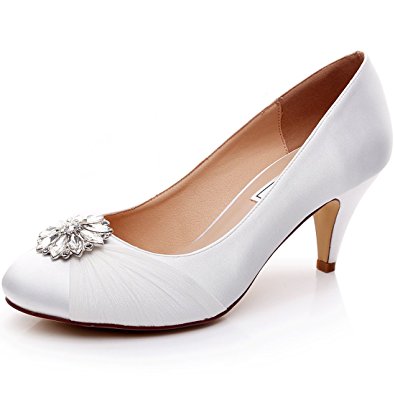 LUXVEER Satin Women Shoes Wedding Shoes with Rhinestone Bridal Shoes Lace Wedding Shoes - Heels 2 inch