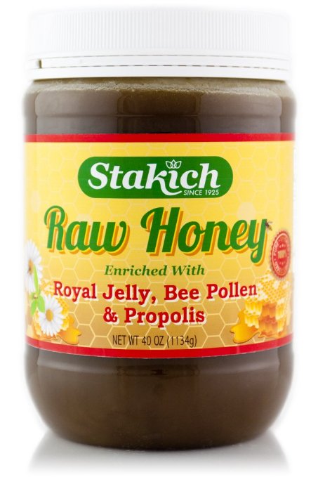 Stakich ROYAL JELLY BEE POLLEN PROPOLIS Enriched RAW HONEY 40-OZ - 100 Pure Unprocessed Unheated -