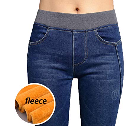 heipeiwa Womens Winter Jeans High Waist Skinny Pants Fleece Lined Elastic Waist Jeggings