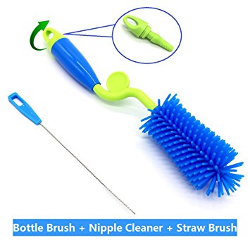 Silicone Bottle Brush, ArtiGifts Baby Bottle Cleaning Brush with Nipple Cleaner & Straw Brush, 360° Rotating Long Handle, Perfect for Feeding Bottle, Water Bottle, Mug, Cup, Jar - Green