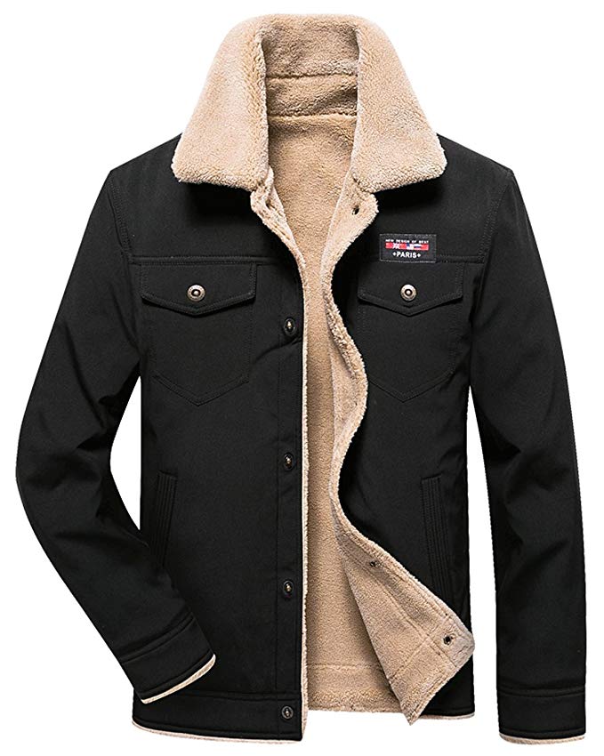 HOW'ON Men's Casual Sherpa Fleece Lined Jacket Warm Coat with Fur Collar