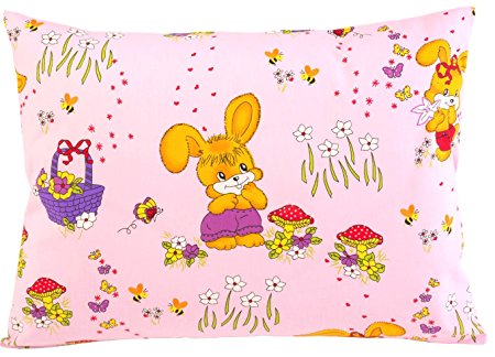 Toddler pillowcase 13x18 by Comfy Turtles, 100% Cotton, or Get Your Kid’s Smile with Cute Animals of this Soft Hypoallergenic Pillow Cover (Pink Bunnies)