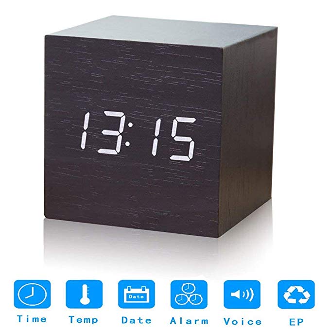 NSGPSKY Digital Alarm Clock Digital Clock Cube Design Wooden Clock with 12/24Hr 3 Sets of Alarms Temperature Display (Black)