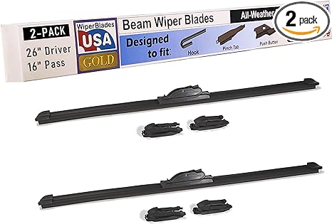 WiperBladesUSA Gold 26" & 16" (Set of 2) Beam Wiper Blades High Performance Automotive Replacement Windshield Wipers For My Car, Easy DIY Install & Multiple Arm Types