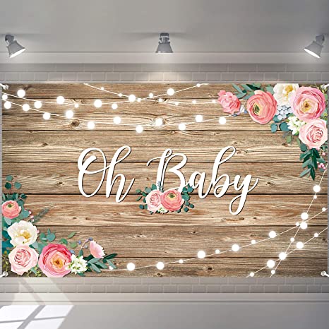 Rustic Wood Baby Shower Backdrop Banner Large Size Oh Baby Floral Baby Shower Photo Backdrops Wood Floor Flower Wall Background Newborn Birthday Party Banner Photo Shoot Booth