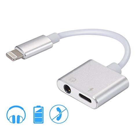 Lightning adapter, Lightning to Dual Lightning Cable, Lightning Headphone Audio & Charge Adapter, Support Volume Control and Switch Songs(Only Support Non-Apple Original Headset)(Silver)