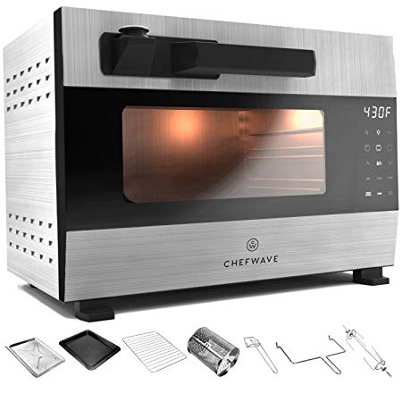 ChefWave Digital Pressure Oven and Rotisserie – 27qt, 1600W Heating, LED Touch Control Panel – Roasts, Broils, Bakes and Toasts – 5 Levels of Safety Protection - Includes 7 Accessories and Recipes