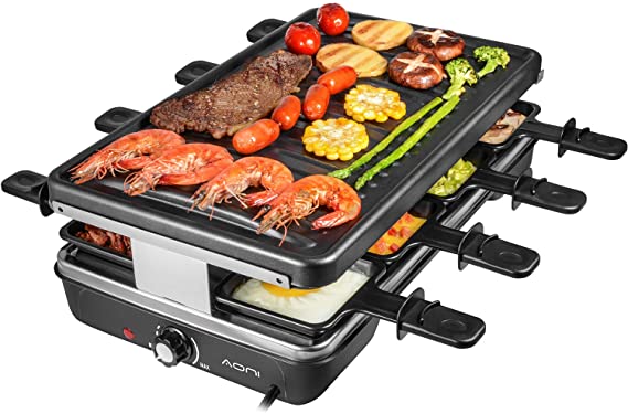 AONI Electric Raclette Grill Smokeless Party Grill Electric BBQ Grill with Non-Stick Grilling Surface, 1200W Temperature Control, Dishwasher Safe, Serve the whole family