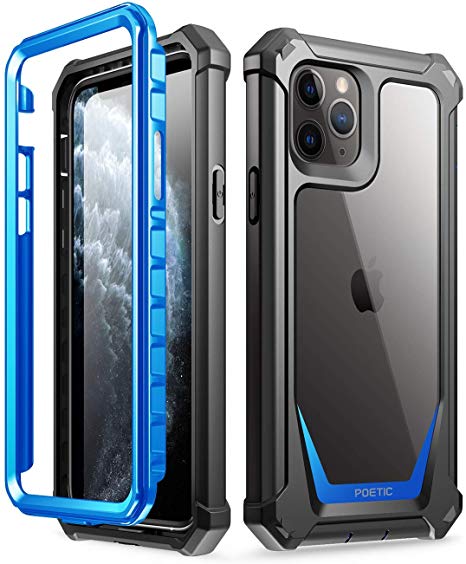 POETIC iPhone 11 Pro Rugged Clear Case, Full-Body Hybrid Shockproof Bumper Cover, Built-in-Screen Protector, Guardian Series, Case for Apple iPhone 11 Pro (2019) 5.8 Inch, Blue/Clear