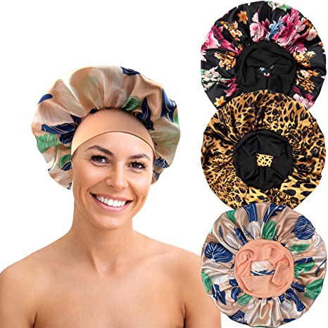 Holly LifePro 3PCS Satin Bonnets for Black Women Girls, Large Band Hair Bonnets with Tie Band, Silk Sleep Braids Bonnet, StyleB