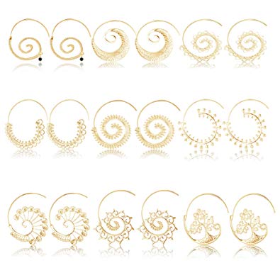 YADOCA 9 Pairs Bohemian Vintage Tribal Swirl Spiral Hoop Earrings Set for Women Adjustable Earrings Jewelry Set Silver Tone Gold Tone