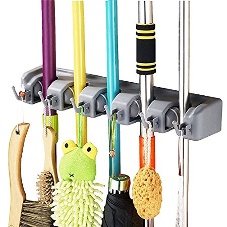 Vicloon Broom Mop Holder Tidy Organizer, Wall Mounted Organizer with 5 Position 6 Hooks for Brush Mop and Broom Tool Storage