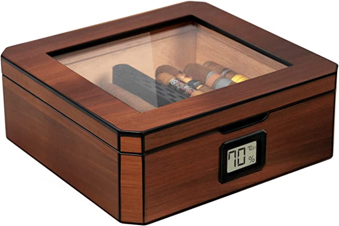 MAG Desktop Humidor, Walnut Finish, Holds 20-30 Cigars, Glass Top with Magnetic Seal, Octagon Shape, Digital Hygrometer, Spanish Cedar, New Hydro Channel, Includes Humidor Solution