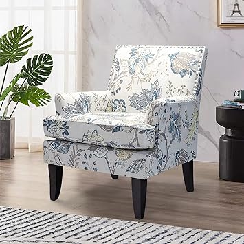 HULALA HOME Modern Accent Chair with Arms and Wooden Legs, Mid Century Accent Chair Armchair High Back Rest, Padded Armrest and Comfortable Cushioned Seat for Living Room (Blue Yellow Floral)