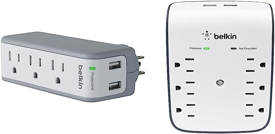 Belkin 6-Outlet USB Surge Protector, Wall Mount - Ideal for Mobile Devices & Wall Mount Surge Protector - 3 AC Multi Outlets & 2 USB Charger Ports - Heavy Duty Flat Rotating Plug for Home