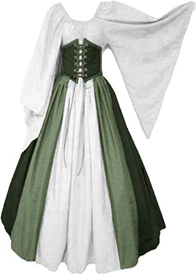 Renaissance Costumes Dress for Women Trumpet Sleeves Fancy Medieval Gothic Lace Up Dress